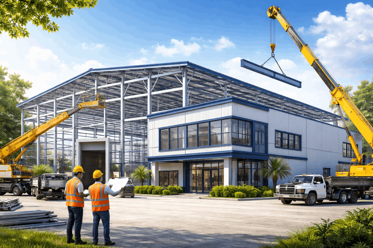 การก่อสร้างคลังสินค้าและอาคารพาณิชย์ด้วยระบบโครงสร้างเหล็กสำเร็จรูป Happy Franchise 