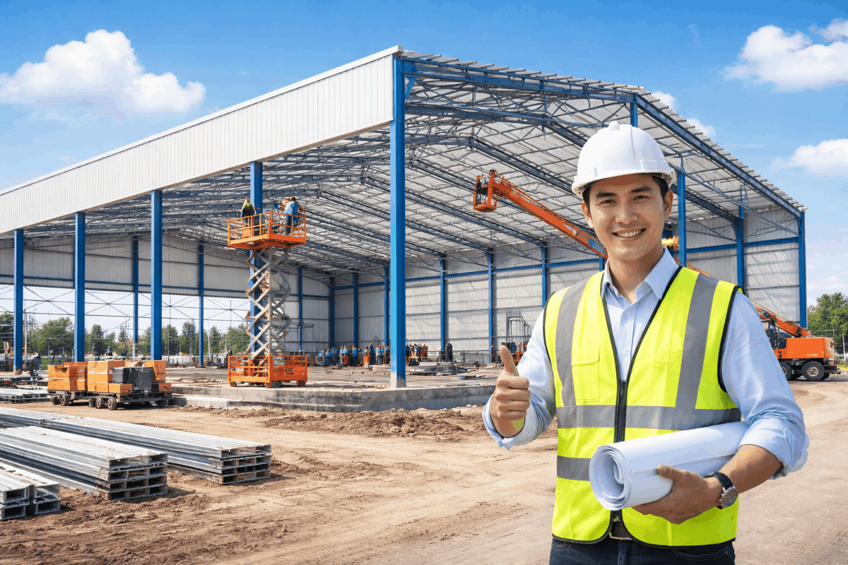 การก่อสร้างโกดังสำเร็จรูปด้วยระบบโครงสร้างเหล็ก PEB สำหรับคลังสินค้าให้เช่า 